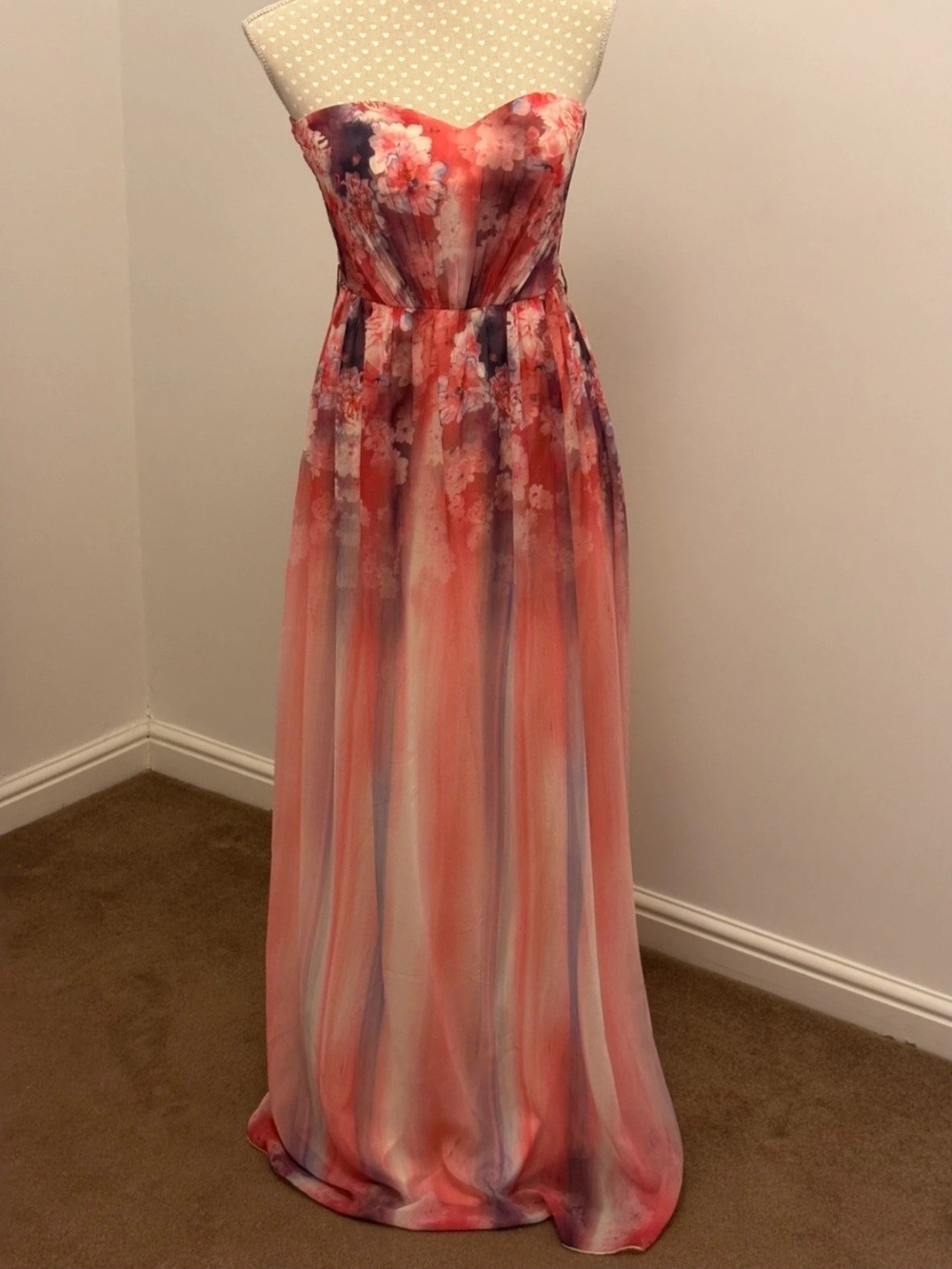 Little Mistress Coral and Purple Floral Ombre Strapless Maxi Dress